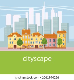Urban landscape with large modern buildings and suburb with private houses. Concept city and suburban life. Vector, cartoon style, isolated