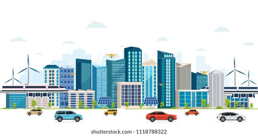 Urban landscape with large modern buildings, skyscrapers, skyway.