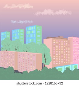 Urban landscape with large modern buildings. Street with tower, houses and trees. Concept city and metropolis life.