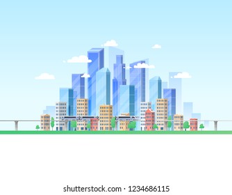 Urban landscape with large modern buildings and suburb with private houses on a background mountains and hills. Street, highway with cars. Concept city and suburban life.