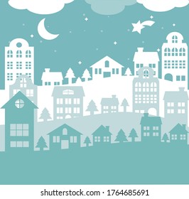 Urban landscape with large modern buildings and suburb. Concept night city and suburban life in winter.