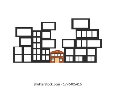 Urban landscape with large modern buildings and old house.  Flat vector illustration isolated on white background