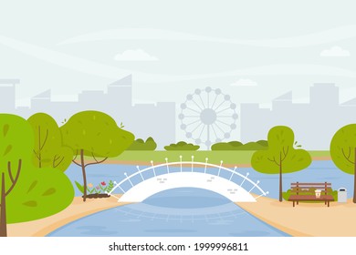 Urban landscape with large modern buildings on the background. A park, a river, a lake, a bridge and trees. Vector illustration in a flat style.