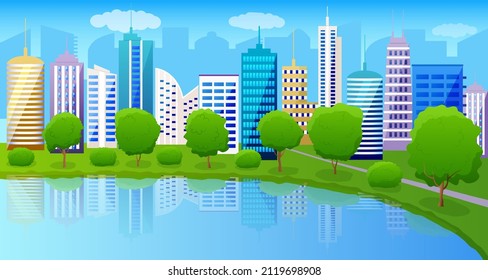 An urban landscape with large modern buildings, a lake and trees reflected in the water. Suburban and urban landscape. Modern urban architecture, suburban skyline of the metropolis and suburbs.