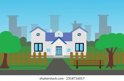 Urban landscape with large modern buildings and suburb with private houses on a background parks, Street, Concept city and suburban life.