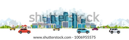 Urban landscape with large modern buildings, skyscrapers and suburb with private houses on a background mountains and hills. Street, highway with cars on white background.