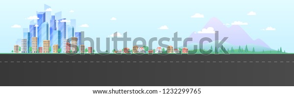Urban landscape\
with large modern buildings and suburb with private houses on a\
background mountains and hills. Street, highway with cars. Concept\
city and suburban life.