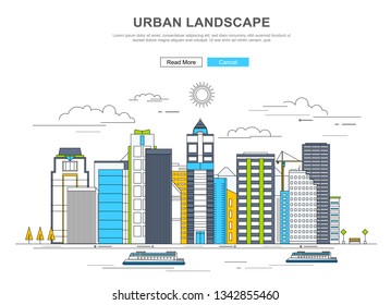 Urban landscape in line art. Vector colorful illustration with skyscrapers and houses and simple line drawn. Modern  flat city