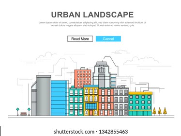 Städtische Landschaft in Linie Kunst. Vektorfarbige Illustration mit Wolkenkratzern und Häusern und einfache Linie gezeichnet. Moderne Wohnstadt