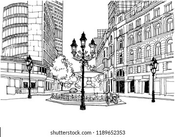 Urban landscape line sketch of the old European city. Germany Frankfurt am Main. Nice old street in hand drawn style on white background