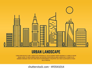 Urban landscape in line vector style. Building architecture linear illustration