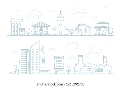 Urban landscape linear. Small town with buildings city houses exterior vector thin line pictures