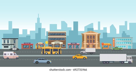 Urban landscape with modern buildings and market places. Different cars on the street. Vector illustrations in cartoon style