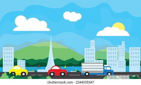 Urban landscape with modern buildings and mountains and hills. Street, highway with cars. city and suburban life background design concept.