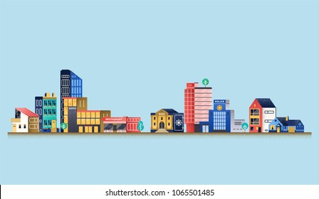 Urban landscape with modern buildings, offices, police department, restaurant.  Vector Illustration