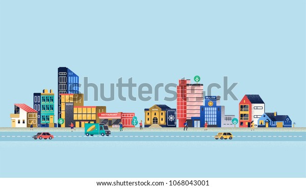 Urban landscape with
modern buildings, offices, police department, restaurant. Vector
Illustration