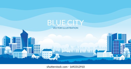Urban landscape with modern buildings, skyscrapers and suburb with houses, Trees, mountains and hills. simple minimal geometric flat style with blue color theme. 