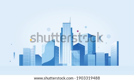 Urban landscape with modern buildings, skyscrapers. Simple minimal geometric flat style with blue color theme.