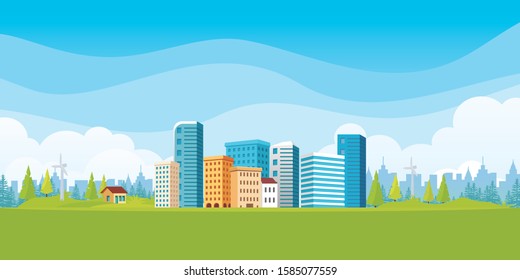 Urban landscape with modern buildings and suburb houses with Nature landscape background mountains and hills