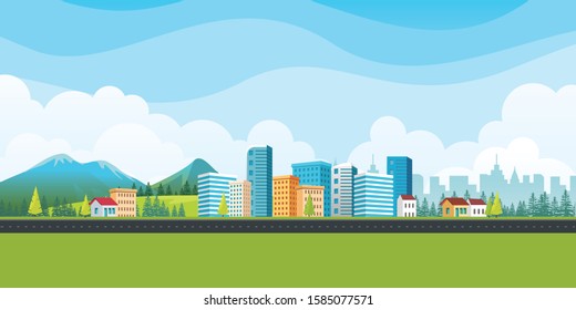 Urban landscape with modern buildings and suburb houses with Nature landscape background mountains and hills