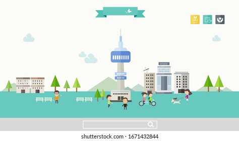Urban landscape with modern buildings and suburb with private houses on a background mountains and hills.