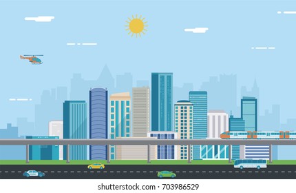 Urban landscape. Modern city. Building architecture, cityscape town. Vector 
