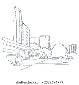 Urban landscape. A modern city. Drawing with one continuous line. Vector illustration