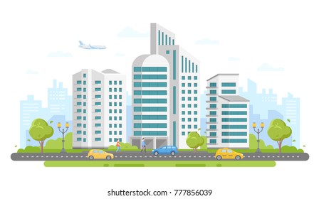 Paysage urbain - illustration vectorielle moderne et colorée à plat sur fond blanc. Joli complexe d'habitation avec gratte-ciel, arbres, voitures sur la route, gens marchant, avion dans le ciel, arbres, lanternes