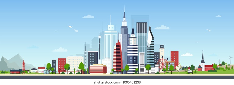 Urban landscape with modern down town or city center and small private residential houses against blue sky on background. Beautiful cityscape. Colorful vector illustration in flat cartoon style