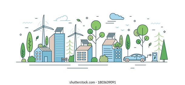 Urban landscape with modern eco friendly technologies vector illustration in line art style. Cityscape architecture with solar energy on roof, wind power, and electric transport isolated on white