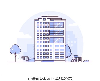 Urban landscape - modern thin line design style vector illustration on white background. Purple colored composition with facade of skyscraper, playground with slide and swing, tree. City architecture