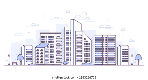 Urban Landscape - Modern Thin Line Design Style Vector Illustration On White Background. Purple Colored High Quality Composition With Skyscrapers, Lanterns, Bench. City Architecture Concept