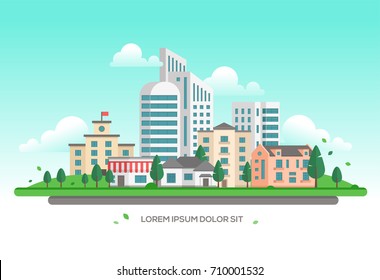 Urban landscape - modern vector illustration with place for text. Lovely town or city with skyscrapers and small low storey buildings and houses, trees, clouds in the sky