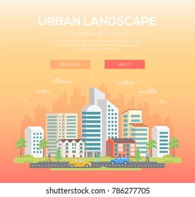 Urban landscape - modern vector illustration with place for text on light orange background. Nice town, city with skyscrapers and small low storey buildings, trees, people, cars, clouds in the sky