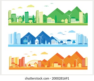 Urban landscape with mountains in different colors. Suburban houses and skyscrapers. City view.