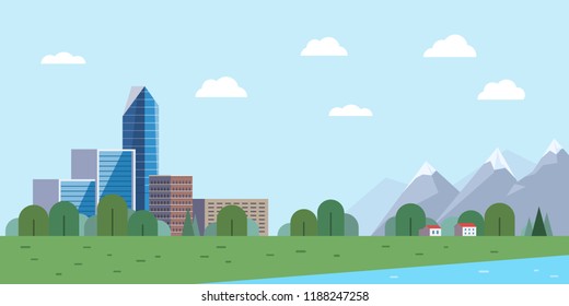 Urban landscape and mountains with snowy peaks, village houses among the trees with a lake. Horizontal vector illustration in flat style