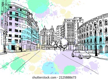Urban landscape. Nice view of old Valencia, Catalonia, Spain. Urban sketch. Hand drawn ink style. Line art. Black and white Vector illustration on colorful splash background. Without people.