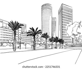 Urban landscape. Nice view on the modern Tel Aviv, Israel. Urban sketch. Hand drawn line sketch. Vector illustration on white.