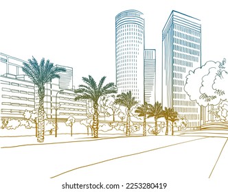 Urban landscape. Nice view on the modern Tel Aviv, Israel. Colourful Urban sketch. Hand drawn line sketch. Vector illustration on white.