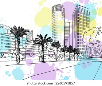 Urban landscape. Nice view on the modern Tel Aviv, Israel. Colourful Urban sketch. Hand drawn line sketch. Vector illustration on blobs.