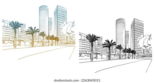 Urban landscape. Nice view on the modern Tel Aviv. Israel. Colourful and black and white sketch. Hand drawing vector illustration on white.