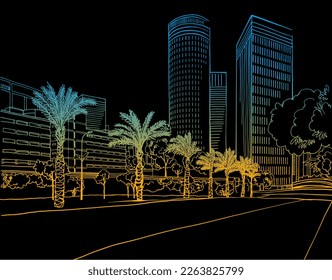 Urban landscape. Nice view on the modern Tel Aviv, Israel. Colourful Urban sketch. Hand drawn line sketch. Vector illustration on black.