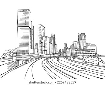 Urban landscape. Nice view on the modern Tel Aviv. Israel. Black and white sketch. Hand drawing vector illustration on white.