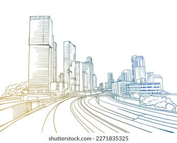 	Paisaje urbano. Bonitas vistas a la moderna Tel Aviv. Israel. Esbozo colorido. Ilustración vectorial de dibujo a mano sobre blanco.	
