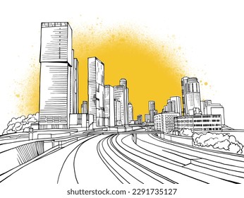 Urban landscape. Nice view on the modern Tel Aviv. Israel. Black and white sketch. Hand drawing vector illustration on white.