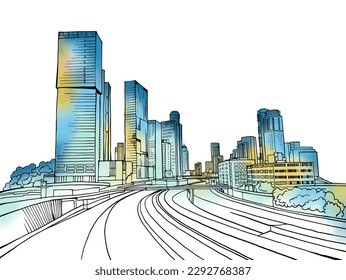 Urban landscape. Nice view on the modern Tel Aviv. Israel. Colourful  sketch. Hand drawing vector illustration on white.