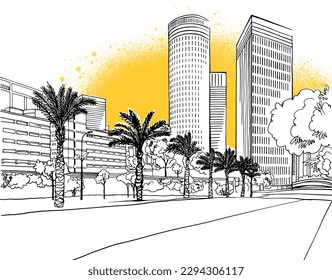 Urban landscape. Nice view on the modern Tel Aviv, Israel. Urban sketch. Hand drawn line sketch. Vector illustration on yellow.