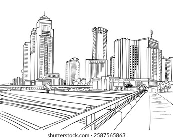 Urban landscape. Nice view on the modern Tel Aviv, Ramat Gan, Israel. Urban sketch. Hand drawn line sketch. Vector illustration on white.