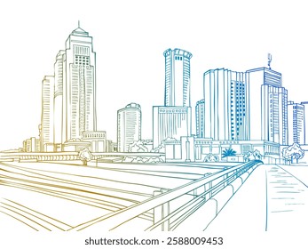 Urban landscape. Nice view on the modern Tel Aviv, Ramat Gan, Israel. Colorful Urban sketch. Hand drawn line sketch. Vector illustration on white.