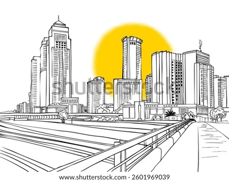 Urban landscape. Nice view on the modern Tel Aviv, Sunshine, Ramat Gan, Israel. Urban sketch. Hand drawn line sketch. Vector illustration on white.